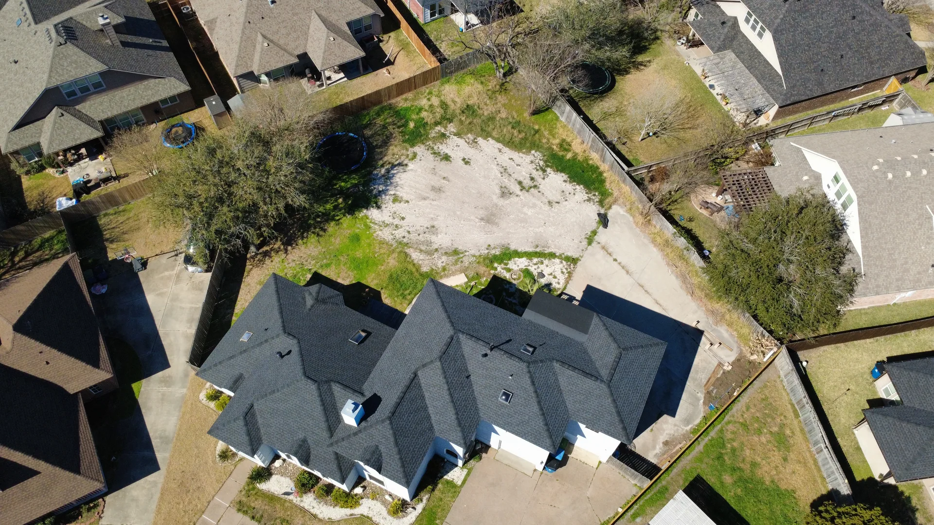 Aerial dark gray shingle roof, Hutto, TX