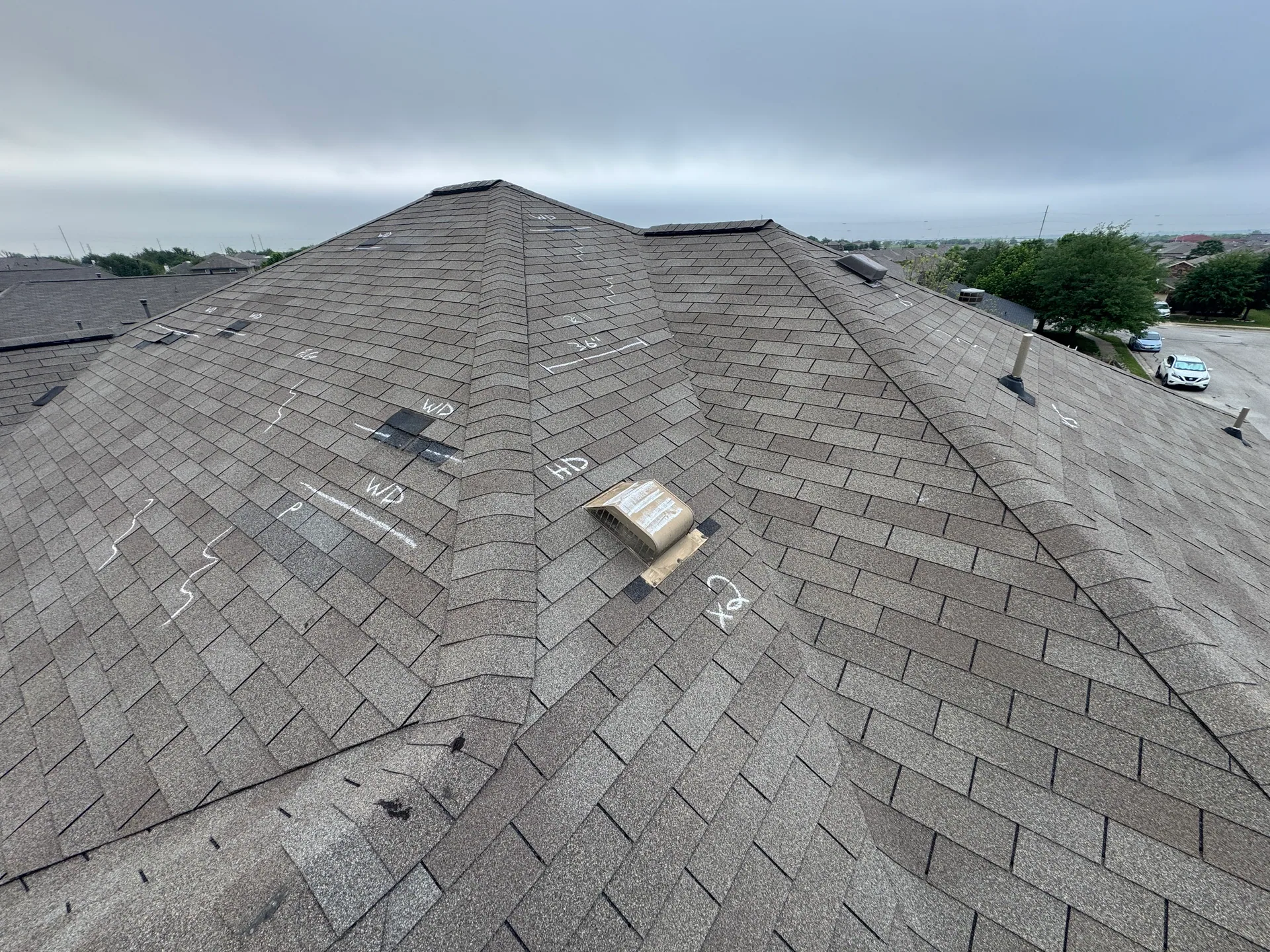 Bent roof vent wind damage marks, Hutto, TX