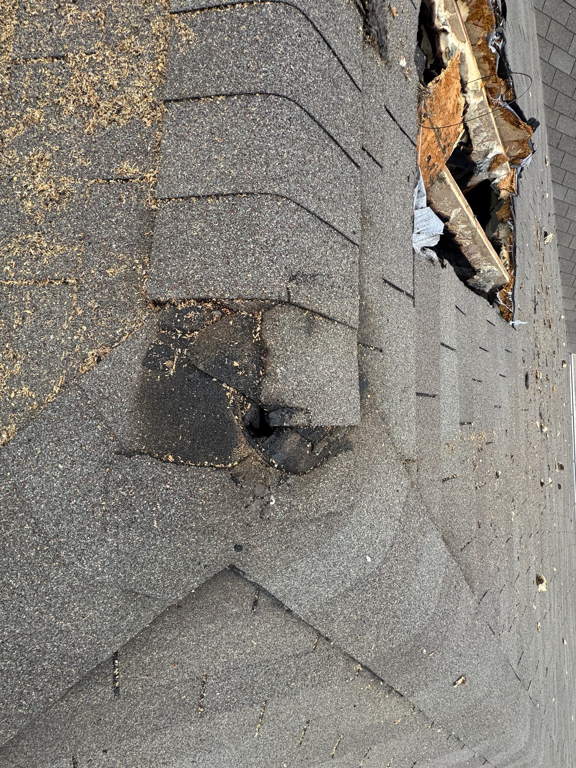Blackened hole hip ridge broken decking, Hutto, TX