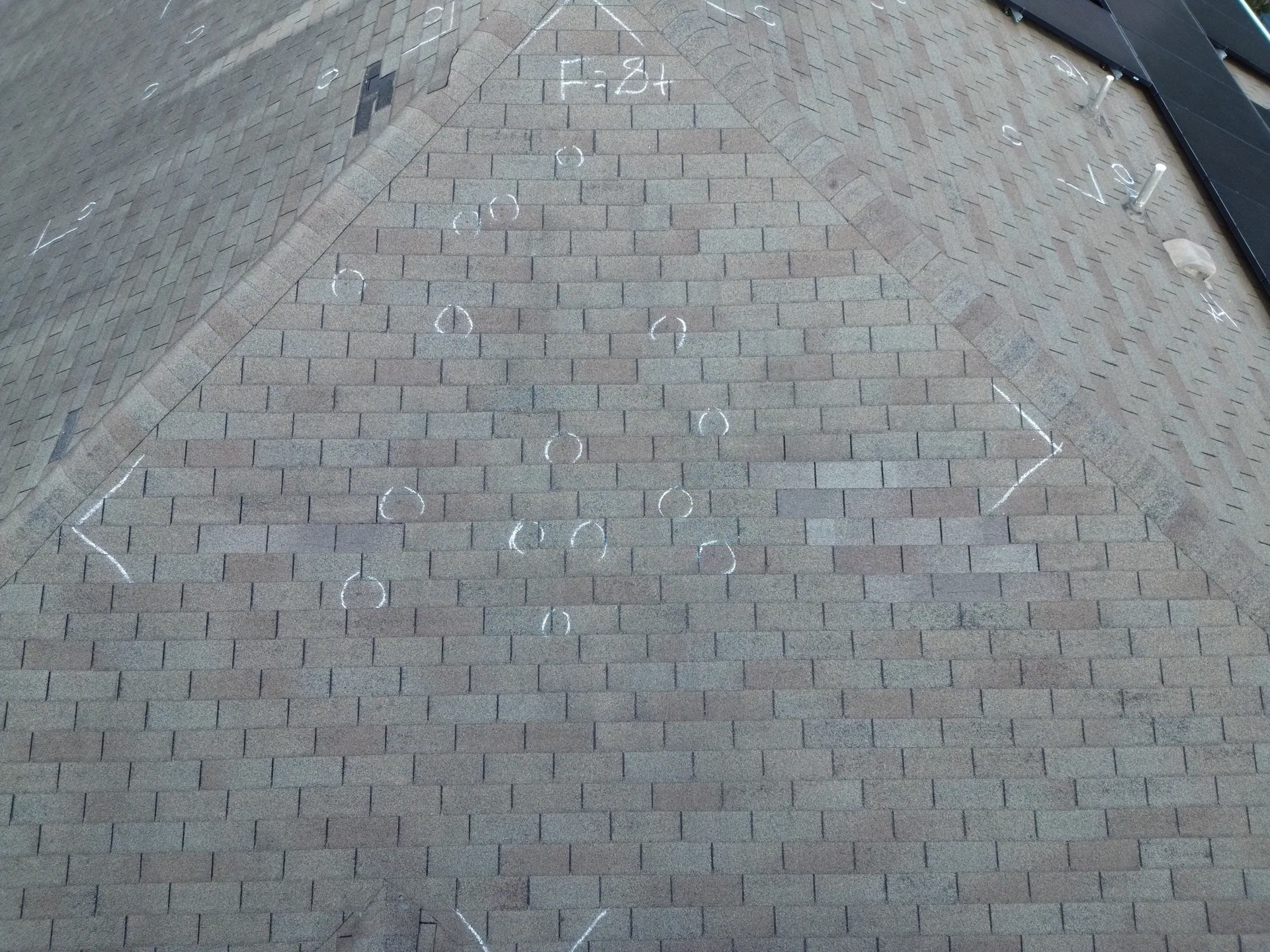 Chalk marked hail hits shingle roof slope, Hutto, TX