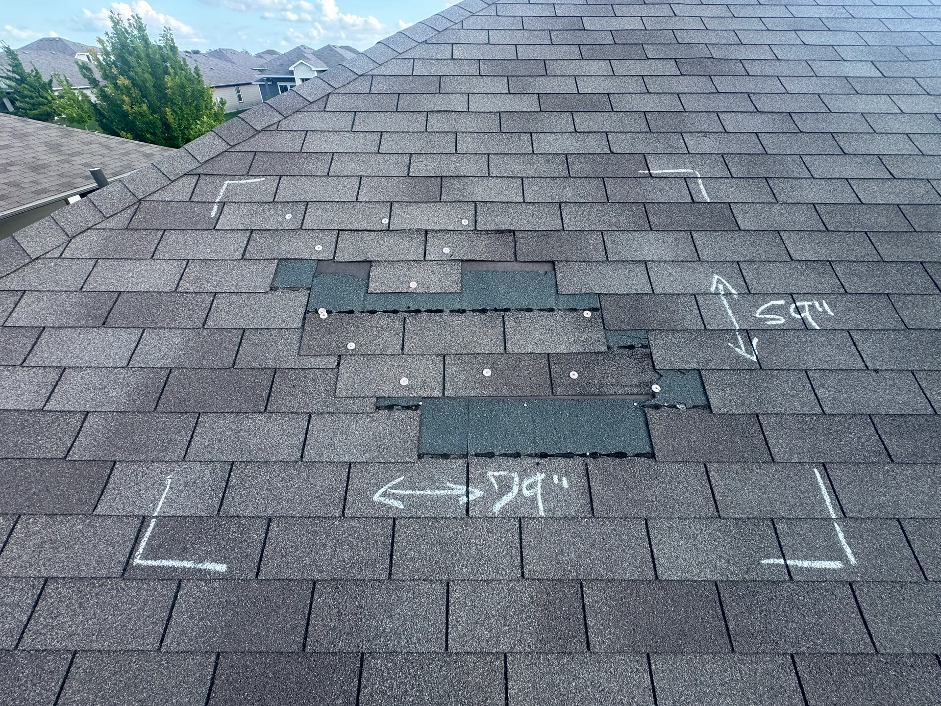 Chalk measured wind damage shingle section, Hutto, TX