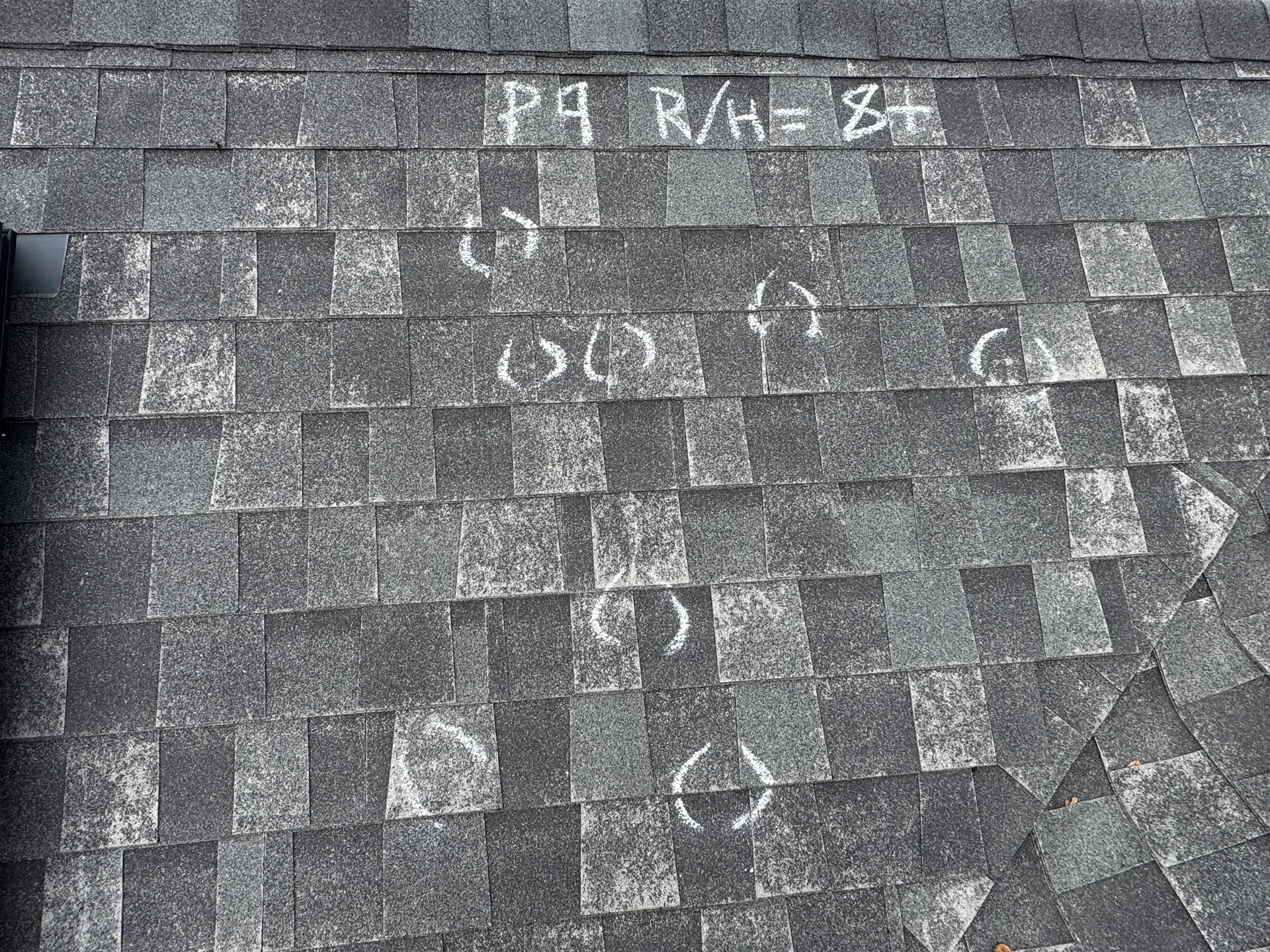 Hail impact count chalk circles shingles, Hutto, TX