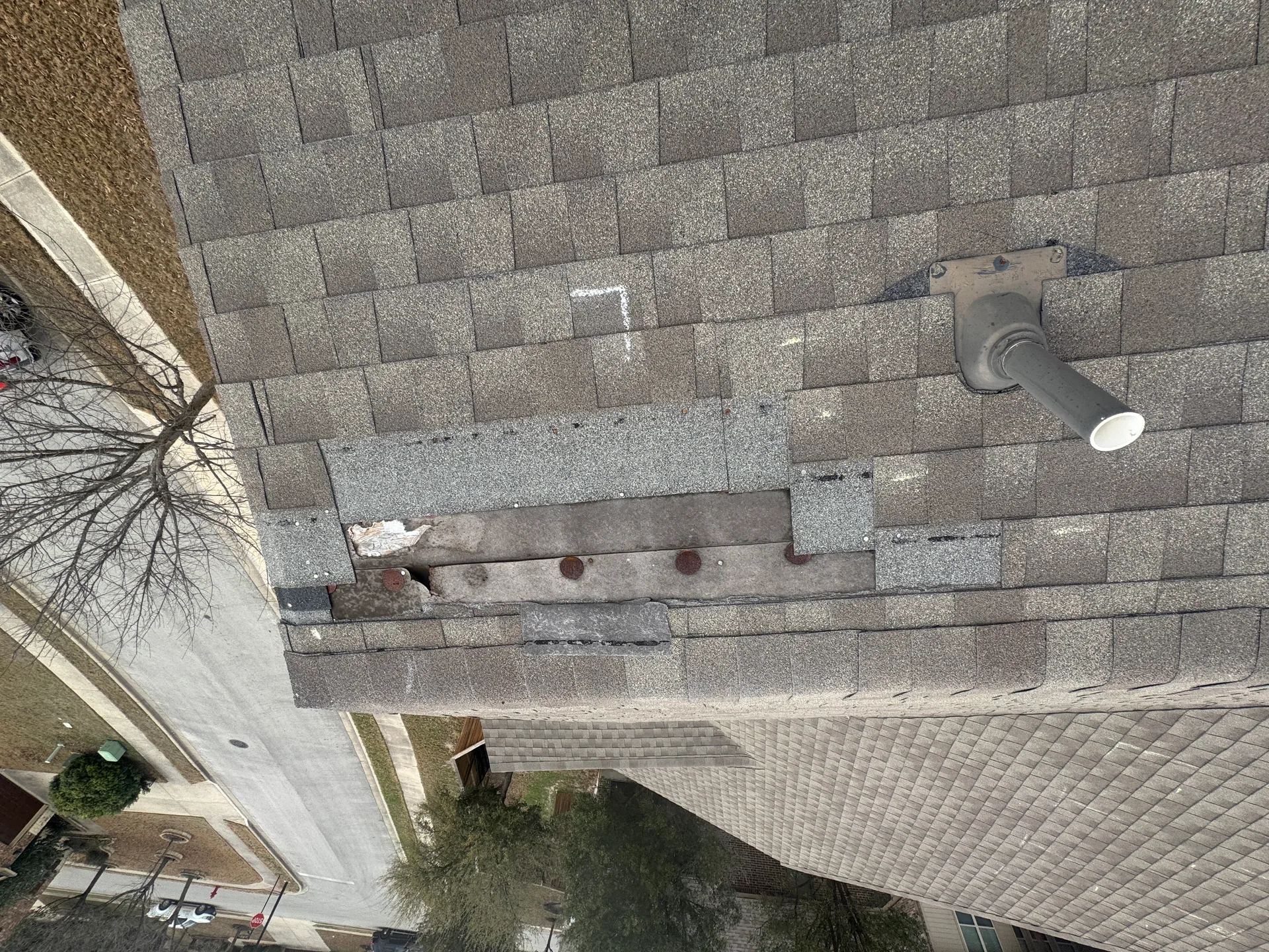Missing shingles near plumbing vent, Hutto, TX
