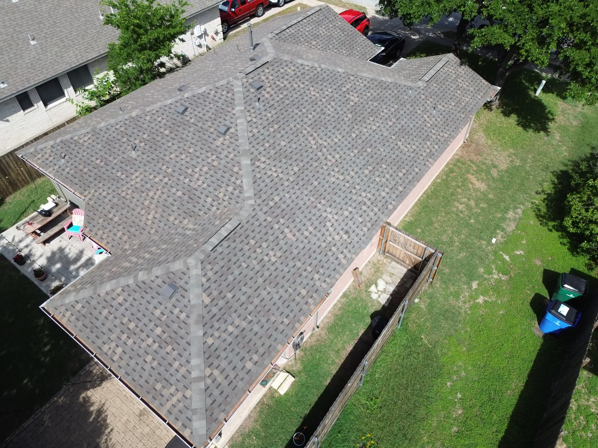 Overhead hip roof blended shingles, Round Rock, TX