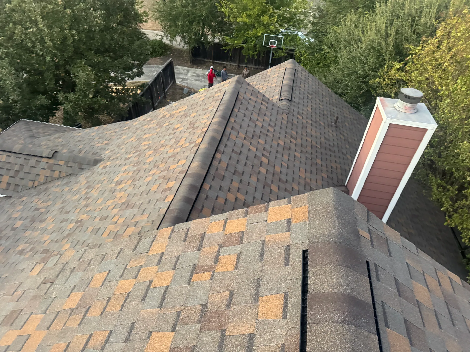 Ridge caps sided chimney chase shingle roof, Hutto, TX