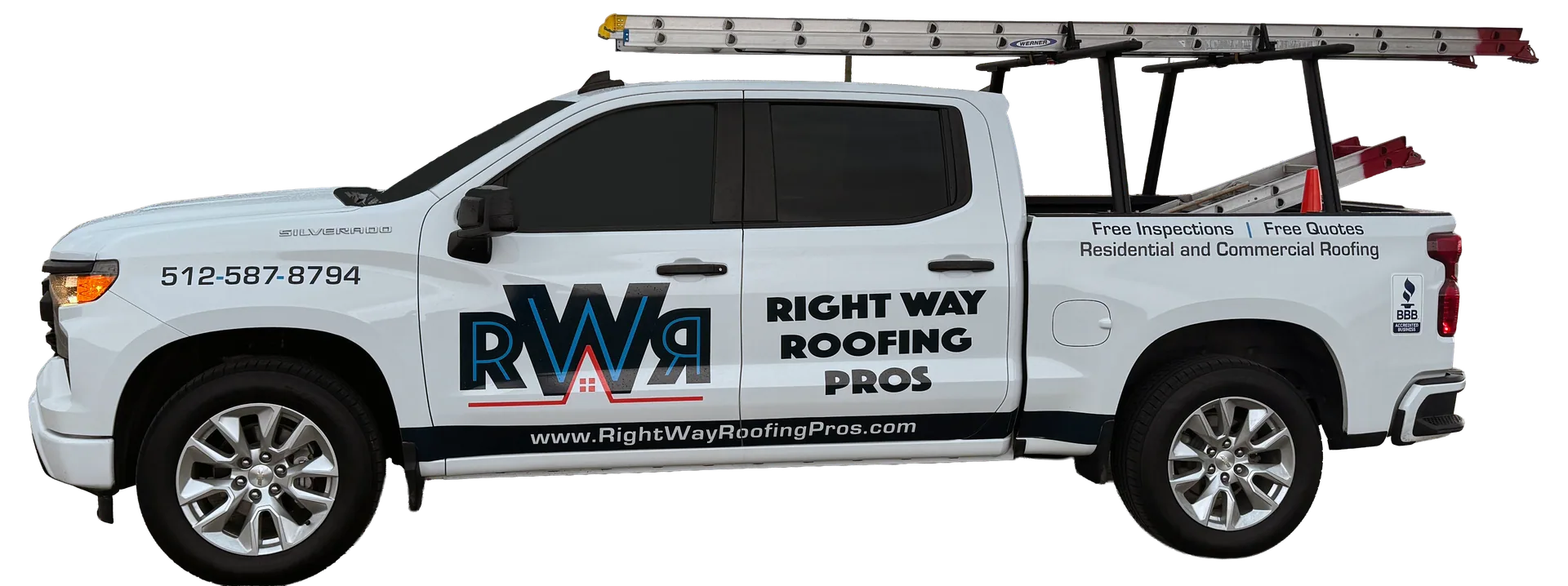 The Right Way Roofing Pros lettered work truck